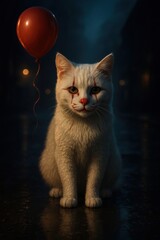 A white cat with red clown makeup and buttons poses under stormy Halloween skies. Lightning flashes illuminate its soft fur and red balloon. A surreal mix of horror and elegance — perfect Halloween wa