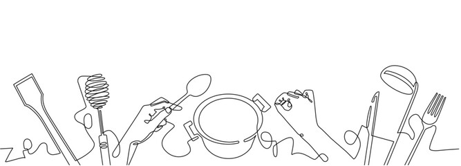 Horizontal continuous line drawing poster with utensils. Preparing the Food. Cooking process.  Culinary illustration with empty space for text. Vector background.