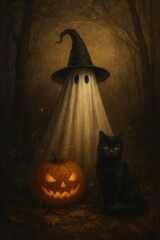 image.pngA cute ghost in a witch hat stands beside a glowing jack-o’-lantern and a black cat. The soft candlelight creates a cozy yet mysterious Halloween scene — magical, whimsical, and perfect for f