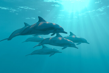 Naklejka premium 自由に泳ぐイルカの群れと青のグラデーション
