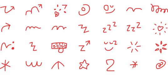 Red Hand Drawn Doodle Icons on White Background a Versatile Collection of Arrows Stars and Symbols