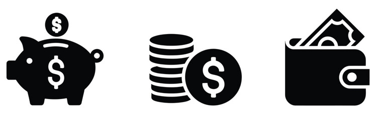 Simple black glyph icons illustrating fundamental economic principles, including a piggy bank for savings, a stack of dollar coins for investment, and a wallet full of cash for personal expenses