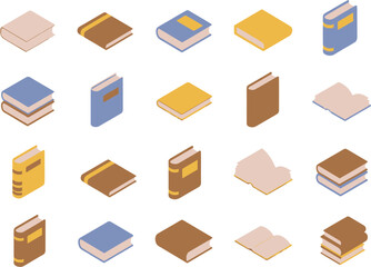 Isometric vector book icon set for educational design. A diverse collection of literature illustrations, library symbols, and knowledge concepts