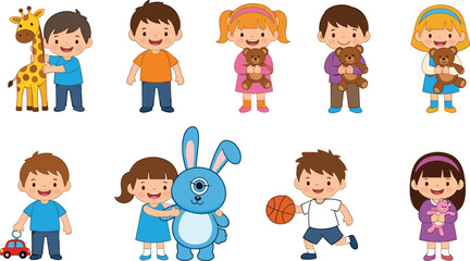Cartoon children with toys, playful moments, teddy bear and bunny, basketball and car, joyful kids, colorful illustration, childhood fun, emotional bonding, happy expressions