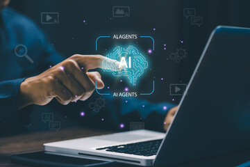 A businessman touching a glowing AI brain hologram above a laptop, representing artificial intelligence, automation, data analysis, and digital transformation technology.