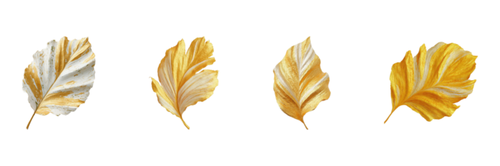 Golden And Decorative Leaves Set. Elegant Botanical Art Collection Isolated On Transparent Background