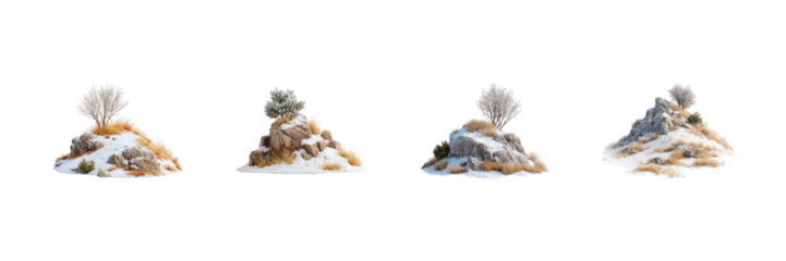 Snow-Covered Rocky Terrain Set. Winter Landscape And Nature Elements Collection Isolated On Transparent Background