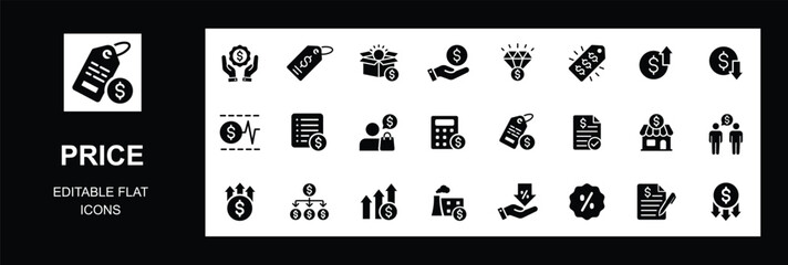 Price flat icons set, featuring budget calculator, expensive, cost, price down, list price, shopping insight, special offers, estimate, low price, retail, Editable flat. Vector illustration