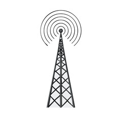 Radio transmission tower icon broadcasting a signal. Communication and technology vector illustration.