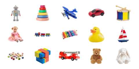Assorted Children'S Toys Set. Playful And Educational Toy Collection Isolated On Transparent Background