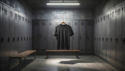 Black Tshirt on hanger in locker room with empty space.
