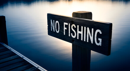 Prohibition Sign: No Fishing on a Tranquil Lake near Dock with Dramatic Lighting