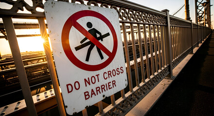 Prohibition Sign On A Bridge During Golden Hour Sunlight And Warning Against Crossing Barriers