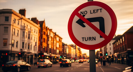 Prohibition Sign on a Busy City Street During Golden Hour Against a Beautiful Skyline