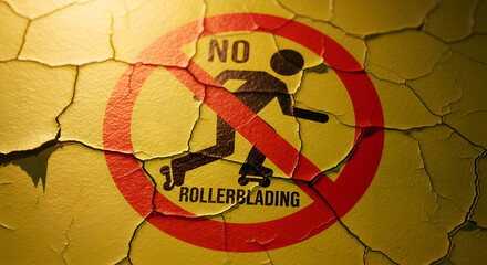 Prohibition Sign On Cracked Wall: No Rollerblading, Forbidden Activity, Red Circle Warning