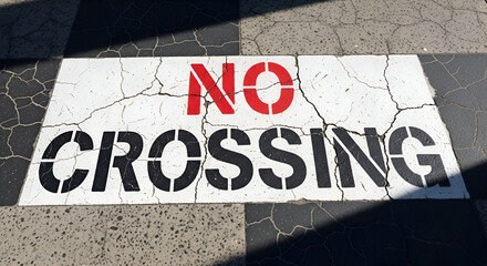 Prohibition Sign On Cracked Pavement, Warning For Pedestrians To Not Cross The Area Right Away