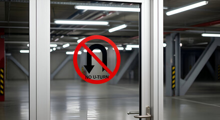Prohibition Sign on Glass Door in Modern Parking Garage, Safety Regulations