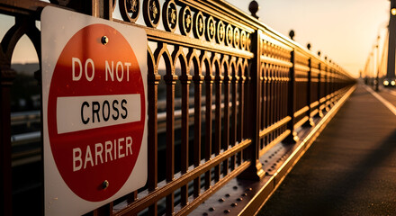 Prohibition Sign On Pathway Of Bridge Emphasized With Warm Lighting In The Sunset