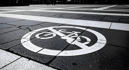 Prohibition Sign On Pavement Indicating No Cycling Allowed In This Location
