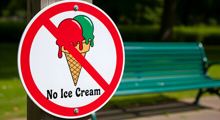 Prohibition Sign with a No Ice Cream Symbol against a Blur Park and a Green Bench