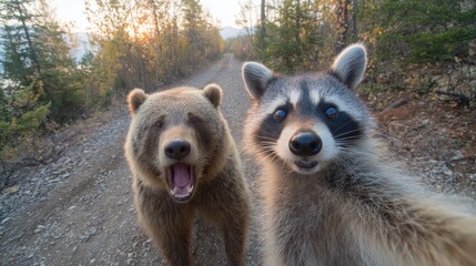 Bear And Raccoon Taking A Selfie On A Forest Trail. Playful Wildlife Moment Captured In Nature