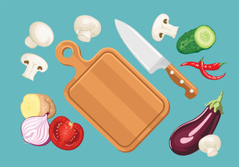 Concept of cooking. Fresh vegetables, сutting board and kitchen knife. Vector cartoon flat illustration.