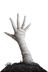 Mummy's hand wrapped in a bandage creepily moving reaches up through the ground grave on isolated background. The hand of the mummy monster for Halloween horror concept
