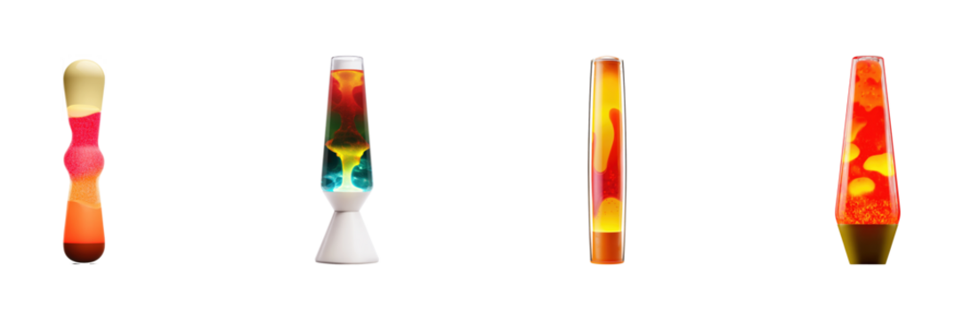 Lava Lamps In Various Designs Set. Retro Home Decor And Lighting Collection Isolated On Transparent Background