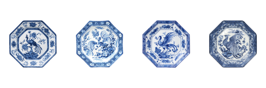 Blue And Porcelain Plates Set. Traditional Chinese Art And Craftsmanship Collection Isolated On Transparent Background