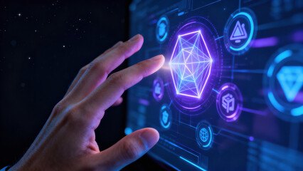 A hand reaches towards a glowing screen displaying geometric shapes and symbols. The scene illustrates digital engagement, with vibrant colors and high-tech elements suggesting innovation