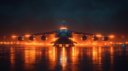Fototapeta premium Large cargo plane at night, illuminated by warm lights