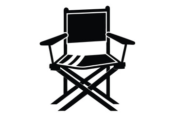 Bold black silhouette depicts a classic director's chair on a stark white background