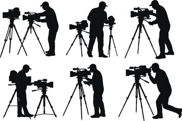 Camera operator silhouette, video production, cinematography pose, professional filming, tripod camera, movie shoot, stage direction, creative industry, film art, media