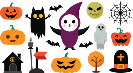 Collection of cute halloween characters and symbols including pumpkins ghosts bats and spiders