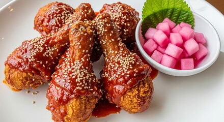 Delicious korean fried chicken with sweet and spicy sauce served with radish