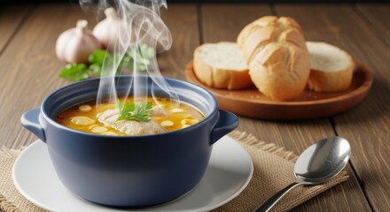 Bowl of hot chicken soup with bread and garlic on a wooden table