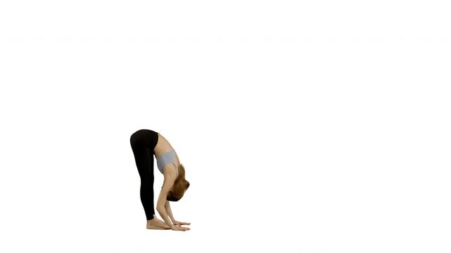 Woman doing a yoga exercise sequence isolated on white and transparent background, ProRres-format pre-keyed video with an alpha channel