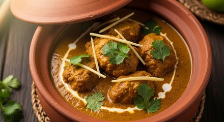 Indian malai kofta curry dish served in a traditional clay pot