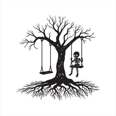 A creepy tree silhouette with a skeleton sitting on a swing hanging from a crooked branch. 