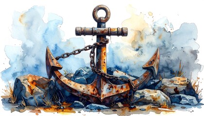 Rusty anchor on rocks, with chain, watercolor background
