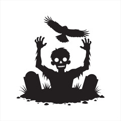 A spooky zombie rising from the grave under a hovering bird.