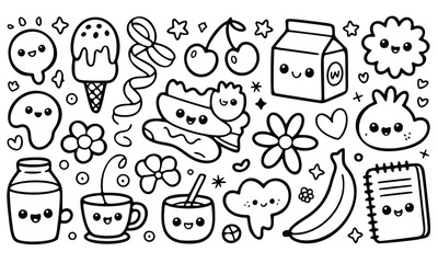 Fototapeta premium A set of doodle sketch icons for design with vector food and coffee illustration including a cup of tea and a sandwich