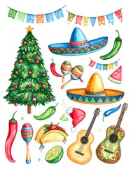 Festive illustration with Christmas and Mexican elements