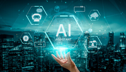 A concept of a global AI virtual assistant. This intelligent agent provides user support through chatbots, performs searches, manages cloud data, and aids in communication. Fermion