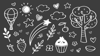 Hand Drawn Cute White Doodle Icons and Sketch Elements on Black Background Including Hearts, Balloons, Flowers, Fruits, and Fun Cartoon Symbols