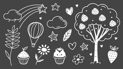 Hand Drawn Cute White Doodle Icons and Sketch Elements on Black Background Including Hearts, Balloons, Flowers, Fruits, and Fun Cartoon Symbols