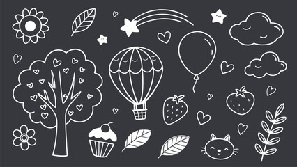 Hand Drawn Cute White Doodle Icons and Sketch Elements on Black Background Including Hearts, Balloons, Flowers, Fruits, and Fun Cartoon Symbols