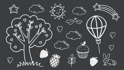 Hand Drawn Cute White Doodle Icons and Sketch Elements on Black Background Including Hearts, Balloons, Flowers, Fruits, and Fun Cartoon Symbols