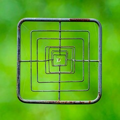 Rusty metal square structures nested within a vibrant green background