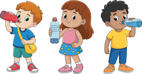 Cartoon children drinking water, healthy lifestyle, hydration habit, kids with bottles, summer refreshment, colorful outfits, wellness education, active childhood, fitness, nutrition